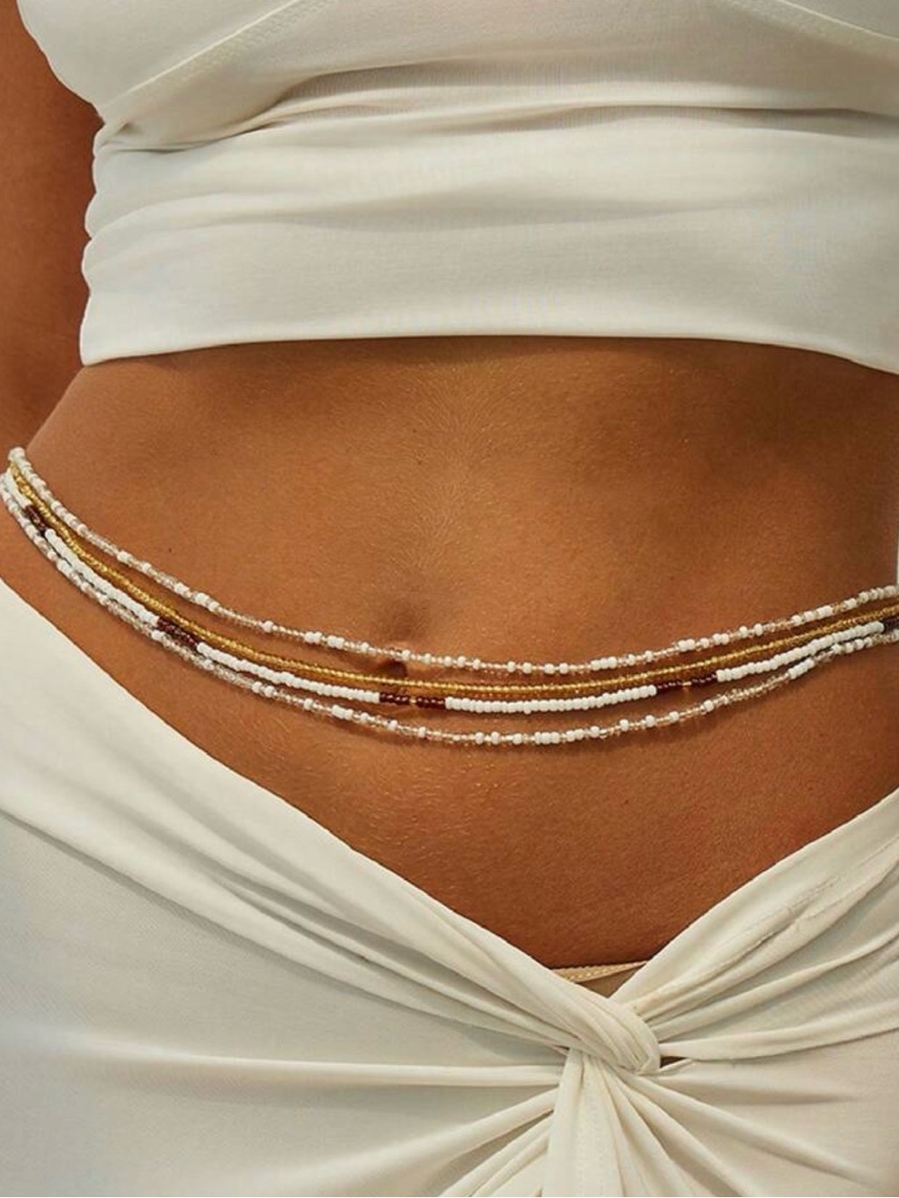 Multi-Strand Beaded Waist Chain in White and Gold